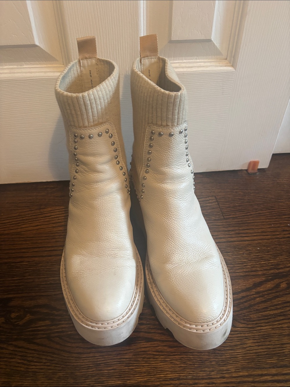 Dolce Vita Cream Leather Studded Knit-Cuff Ankle Boots